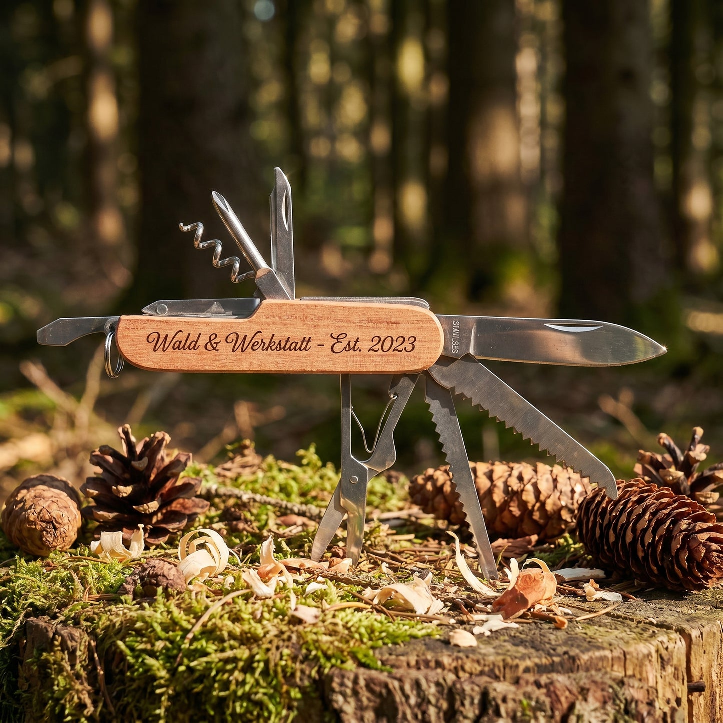 11 in 1 pocket knife with individual engraving - camping knife with wooden handle