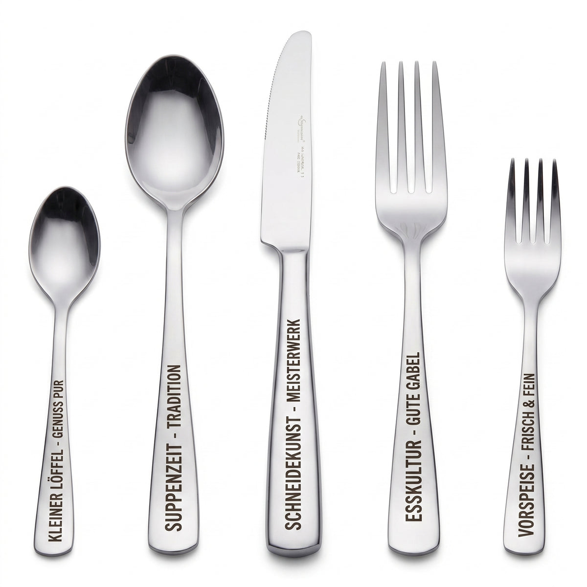 5-teiliges Edelstahl Besteck-Set mit Wunschgravur – Personalisiertes B – Gravurenking
