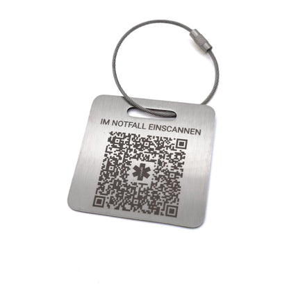 Notfall-ID Anhänger aus Edelstahl mit individueller Gravur & QR-Code – Wetterfeste Notfallmarke 55 × 55 mm