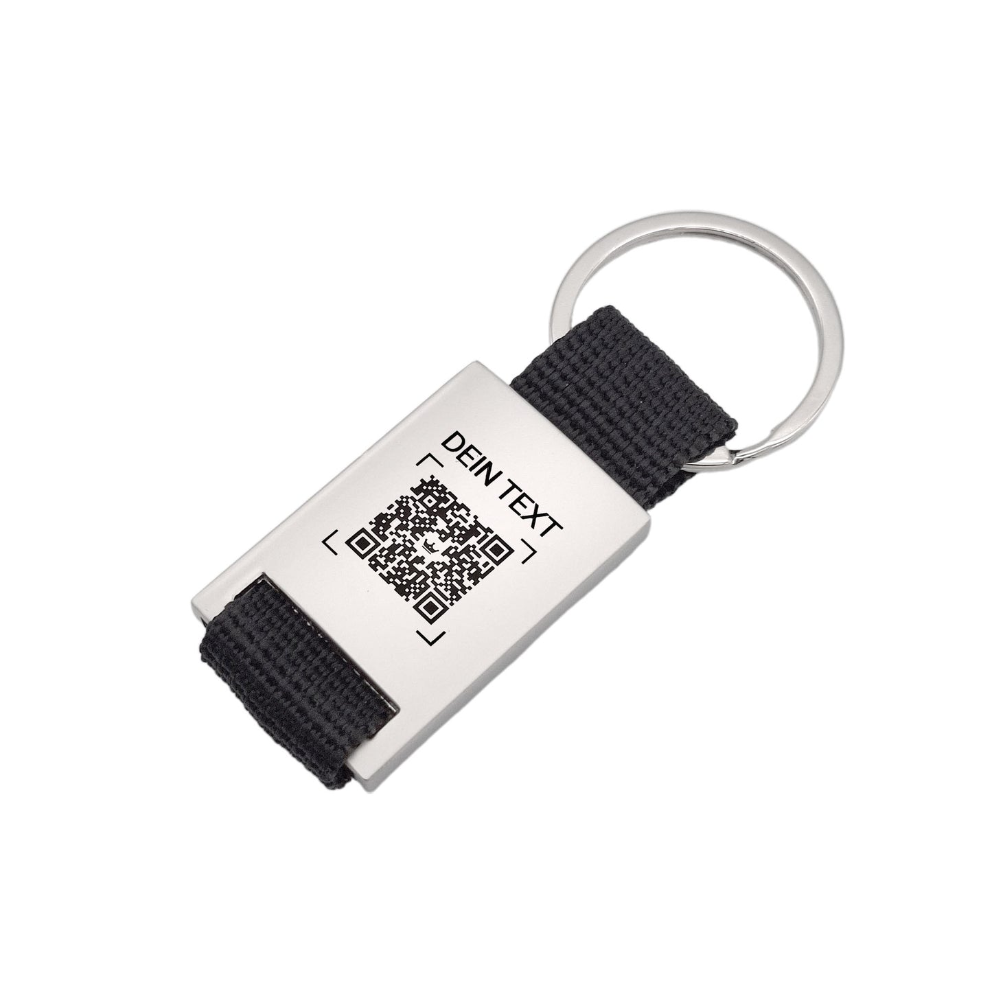 Schlüsselanhänger mit QR-Code - Metall und schwarzem Textilband