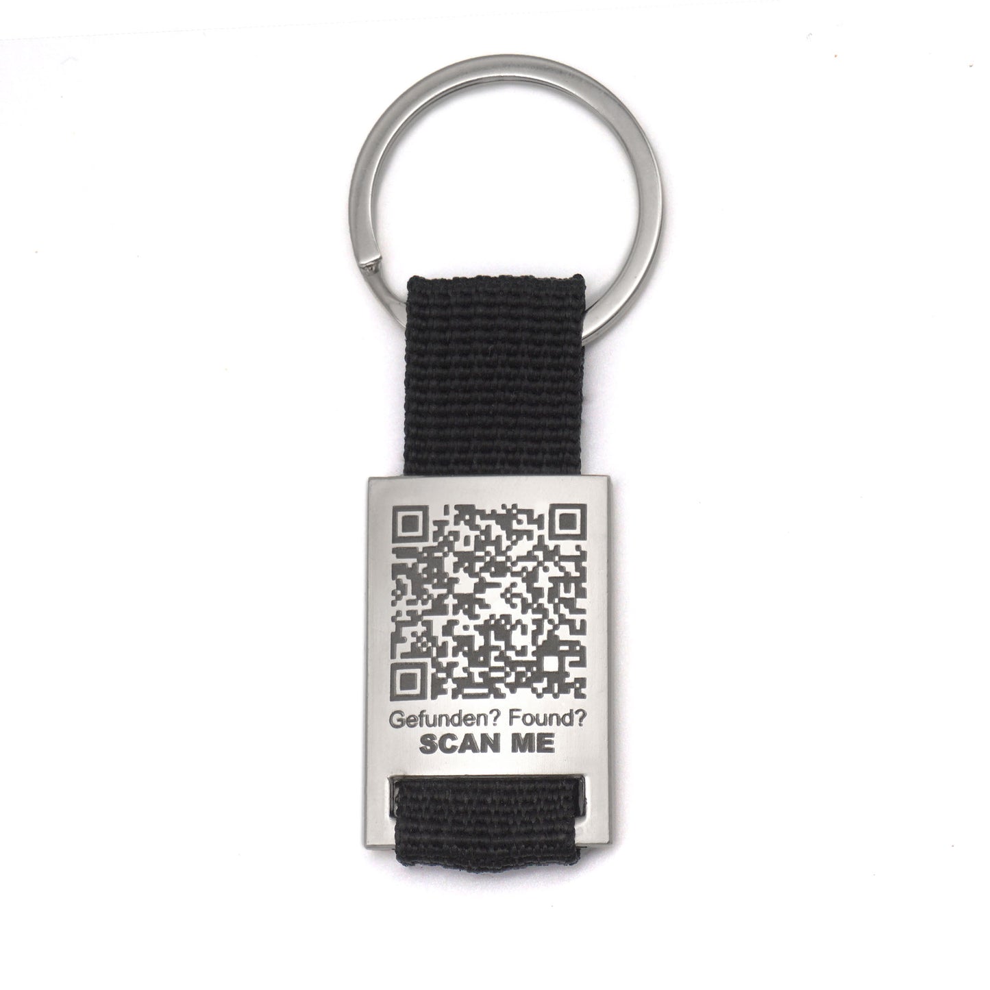 Keyring with QR code - metal and black textile strap