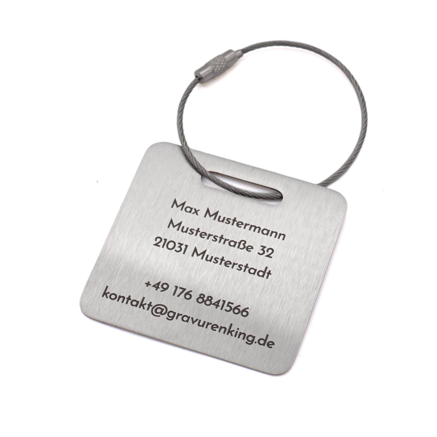 Quadratischer Edelstahl-Kofferanhänger mit individueller QR-Code Lasergravur