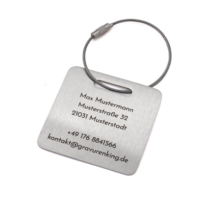 Quadratischer Edelstahl-Kofferanhänger mit individueller QR-Code Lasergravur