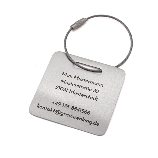 Kofferanhänger aus Edelstahl - mit individueller Lasergravur und Drahtseil - Quadratischer Gepäckanhänger mit Gravur