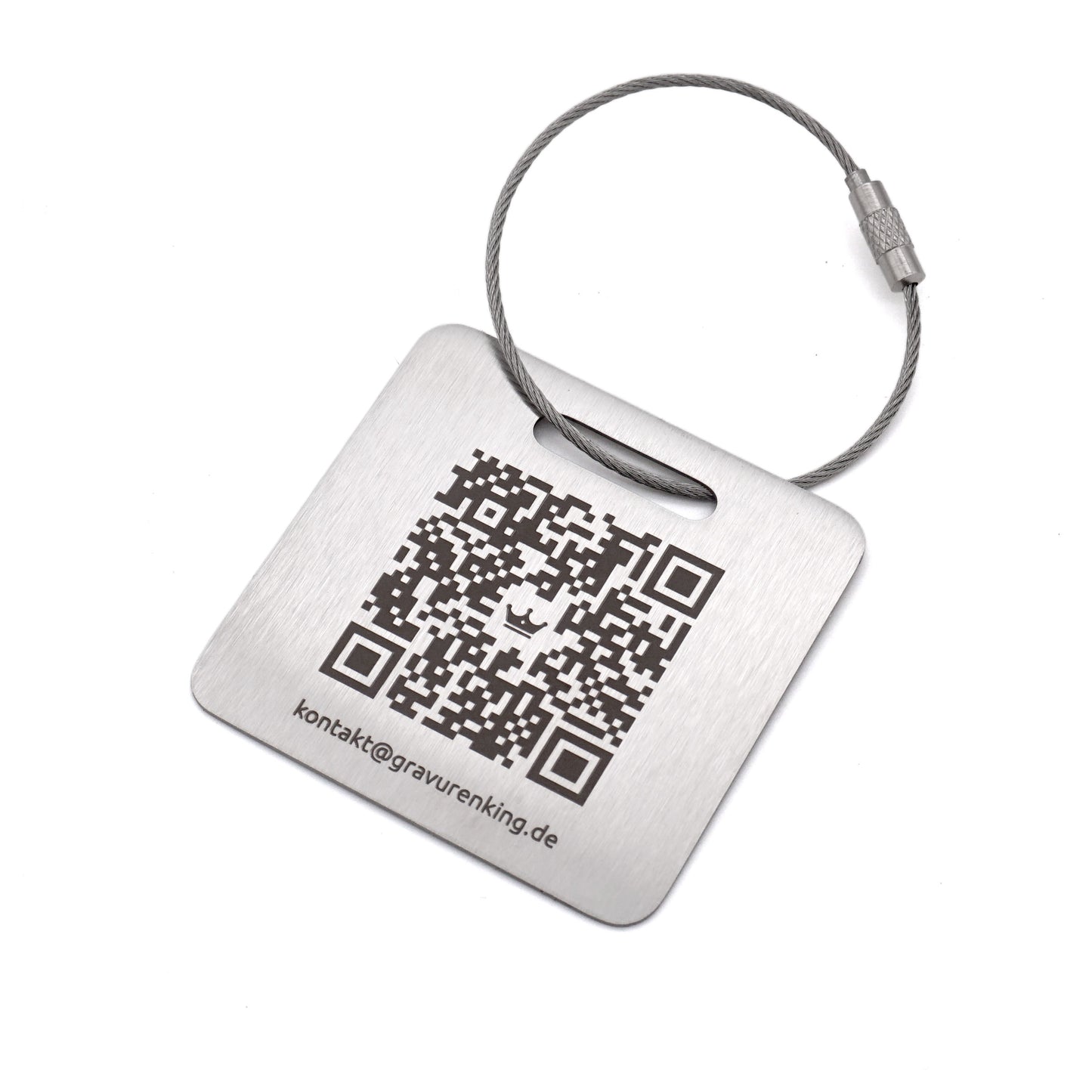 Quadratischer Edelstahl-Kofferanhänger mit individueller QR-Code Lasergravur