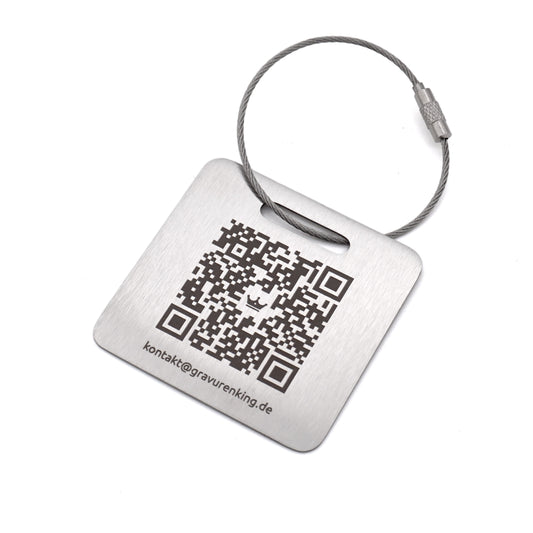 Quadratischer Edelstahl-Kofferanhänger mit individueller QR-Code Lasergravur