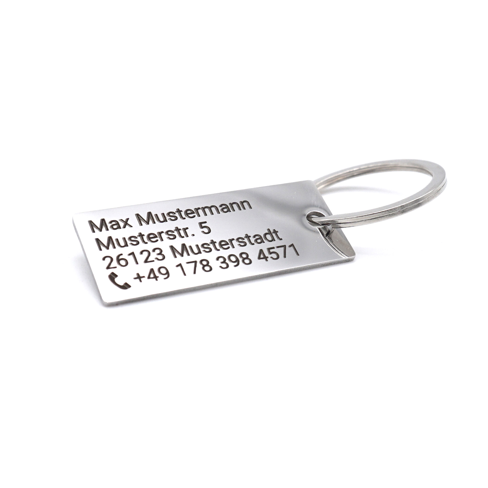Edelstahl-Schlüsselanhänger mit Wunschgravur - Adresse / Telefonnummer Gravur