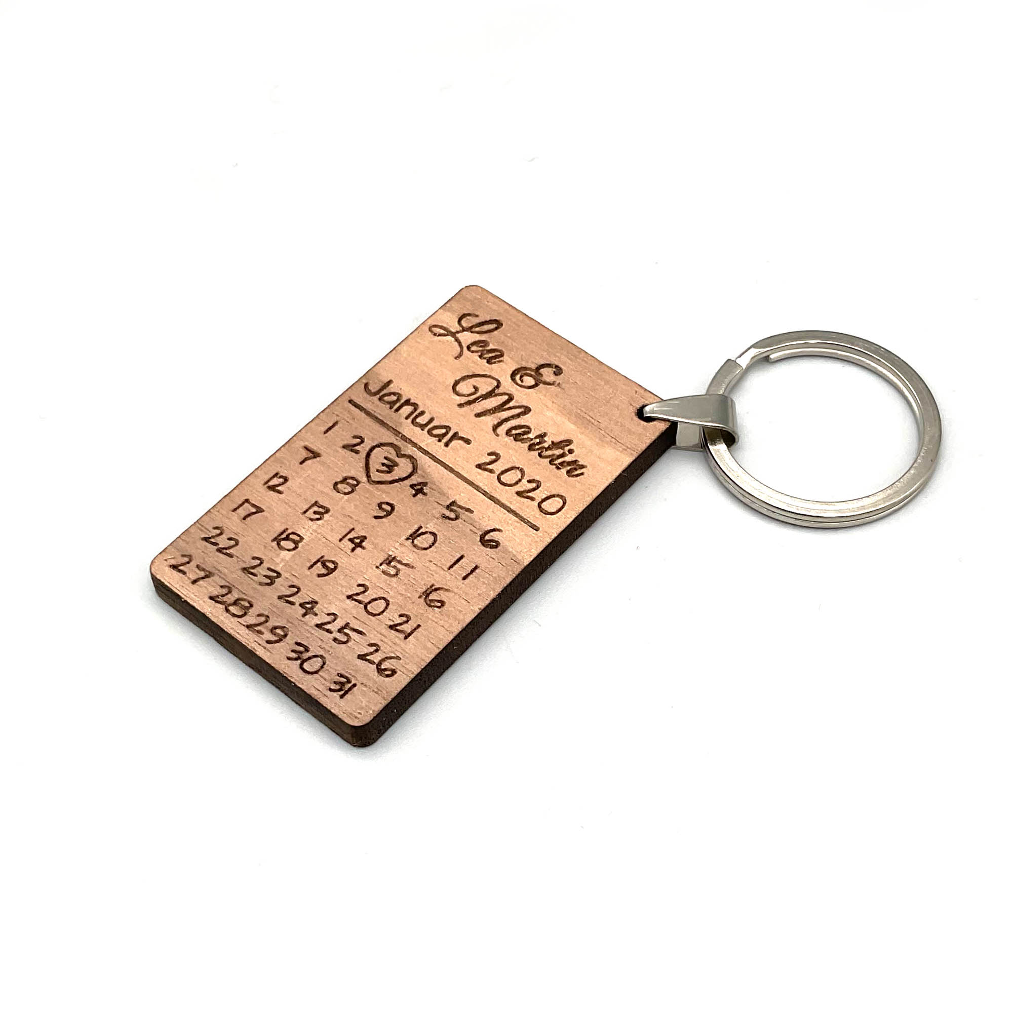 Personalisierter Holz Schlüsselanhänger - Kalender Datum Motiv - mit Gravur