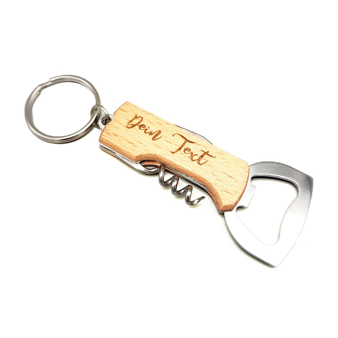 Flaschenöffner / Korkenzieher Schlüsselanhänger mit persönlicher Gravur - Personalisierte Holz Gravur