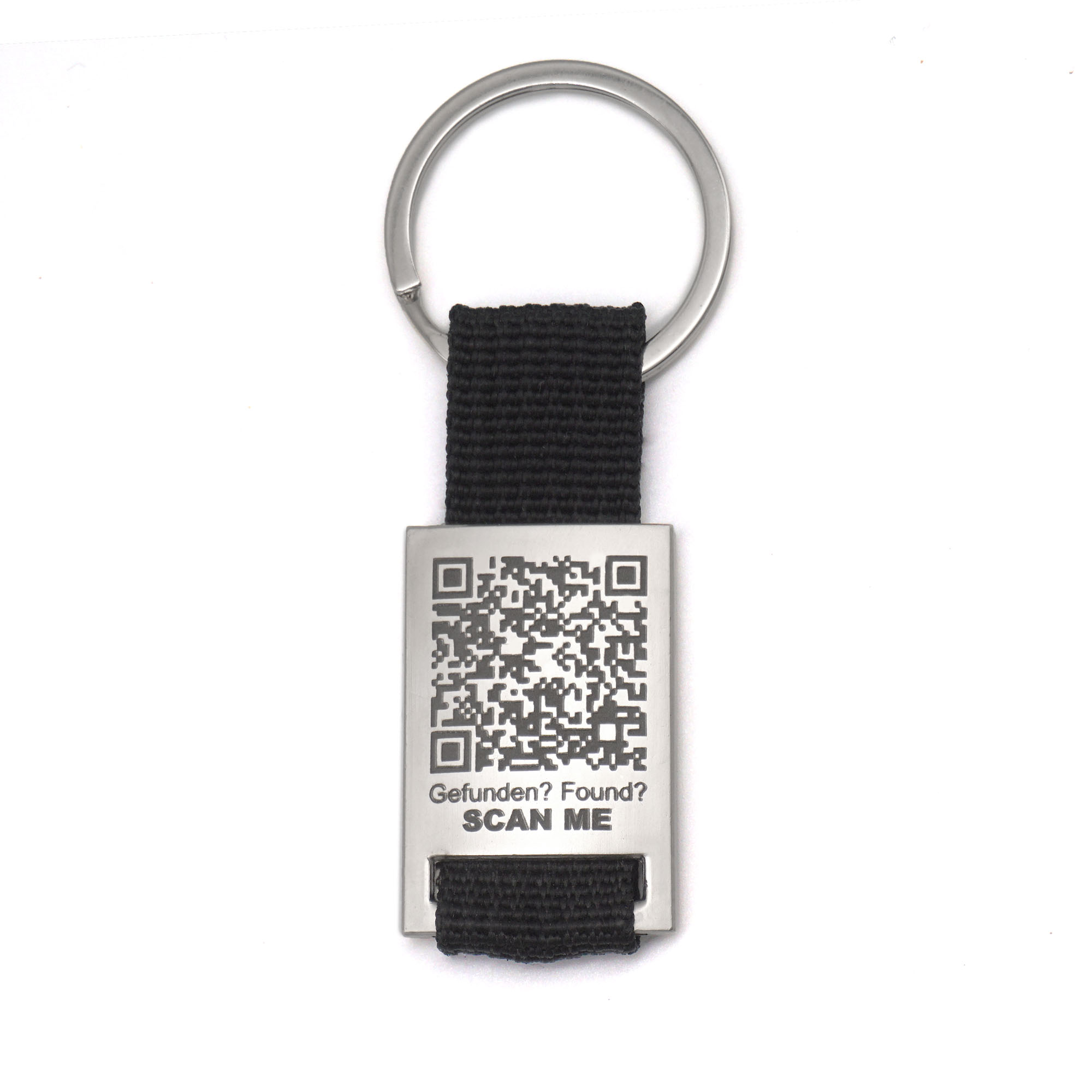 Edelstahl Schlüsselanhänger mit QR-Code - Metall und schwarzem Textilband